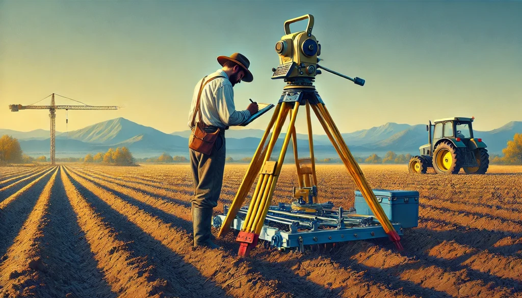 Agrimensor utilizando un teodolito en un terreno amplio para un levantamiento topográfico de gran escala.