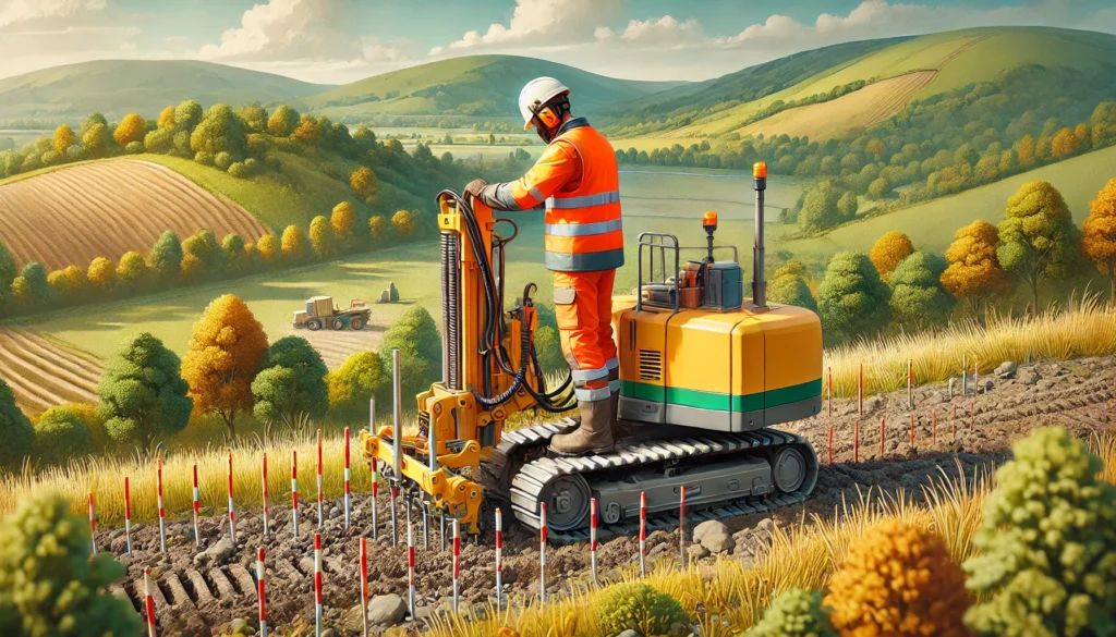 "Agrimensor realizando un levantamiento de terreno natural con estación total en un proyecto de construcción."
