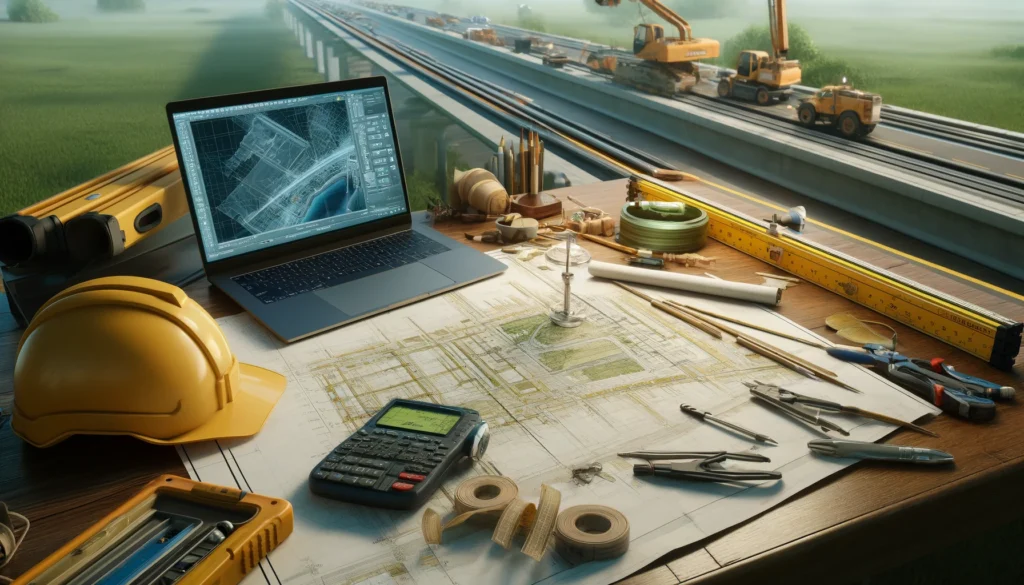 Plano topográfico en una mesa con herramientas y software, destacando los beneficios en construcción.