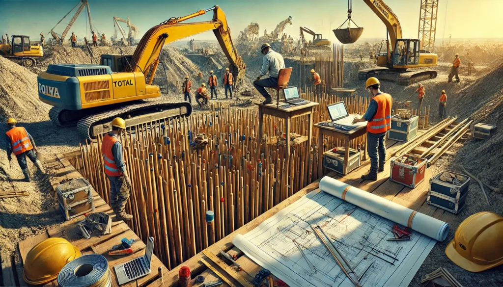 (Un agrimensor midiendo con una estación total mientras otro verifica un plano técnico. En el fondo, trabajadores construyen cimientos. Representa las etapas del proceso de control geométrico en una obra.) ALT: "Agrimensor midiendo con estación total en el proceso de control geométrico"