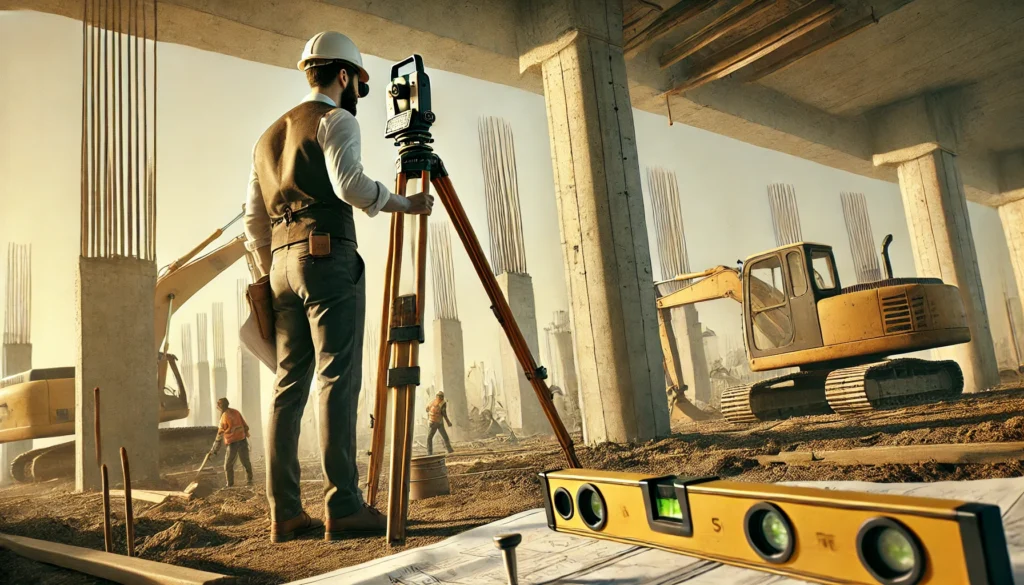 (Un supervisor revisando la alineación de una columna en una obra en construcción. Utiliza un nivel óptico mientras toma notas en un plano técnico. El fondo muestra trabajadores y maquinaria pesada en acción.) ALT: "Supervisor verificando alineaciones en una obra de construcción con nivel óptico"