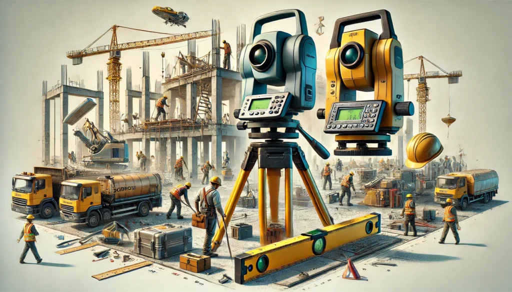 Aquí tienes la imagen que muestra los instrumentos y herramientas clave para el control geométrico, como la estación total, nivel óptico, GPS de alta precisión y plomada láser, representados en un entorno de obra.