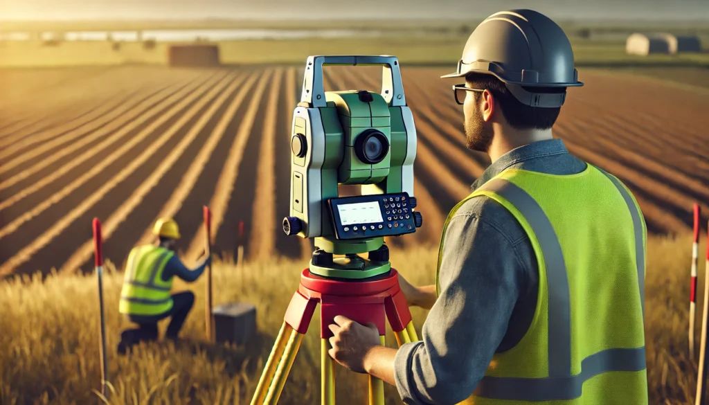 "A professional land surveyor working in an open field, using a total station on a tripod. The background features a clear demarcation of terrain boundaries, with visible markers or stakes. The surveyor is wearing a reflective vest and helmet, emphasizing the legal and precise aspect of the work."