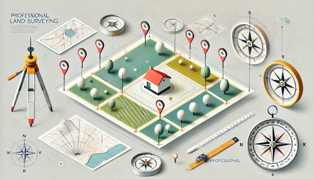 "An infographic-style image showcasing a simplified map with clear property boundaries marked by lines and stakes. The focus is on defining the limits of a property with icons like a house, trees, and a compass in the corner to represent professional land surveying."