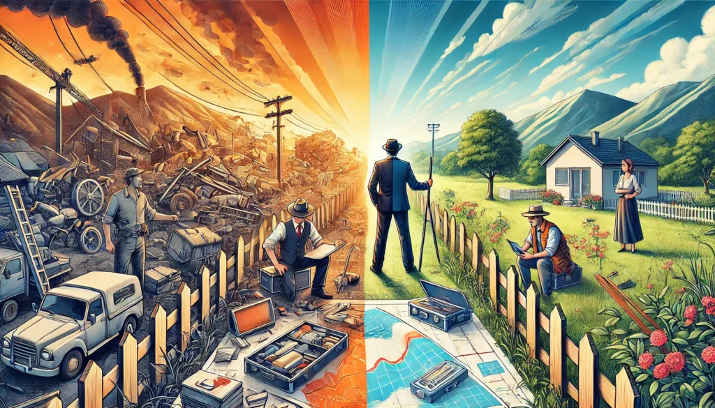 "A split-screen visual illustrating the benefits of land delimitation: one side shows a landowner in dispute with a neighbor in a chaotic setting, while the other side shows a satisfied landowner with clear property markers and a professional surveyor holding a map."