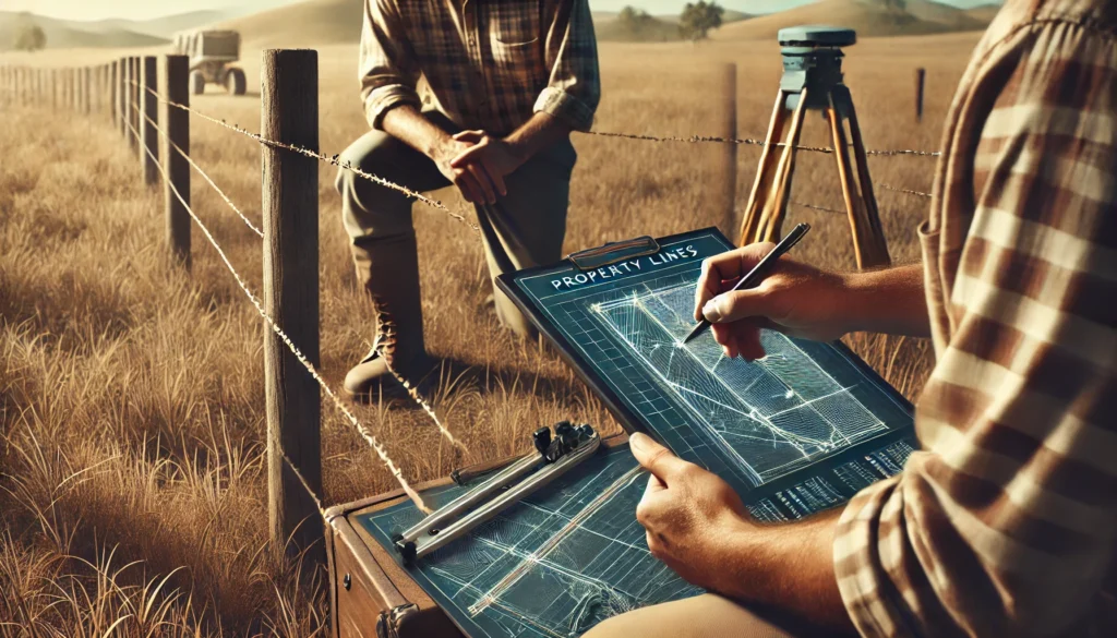 "A rural setting with visible property lines marked by stakes and ropes, showing scenarios like land acquisition, construction preparation, and a surveyor consulting with a landowner. The surveyor holds a clipboard while pointing to a property map."