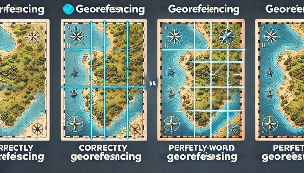 Comparación entre un plano sin georreferenciación y otro correctamente alineado con coordenadas reales.