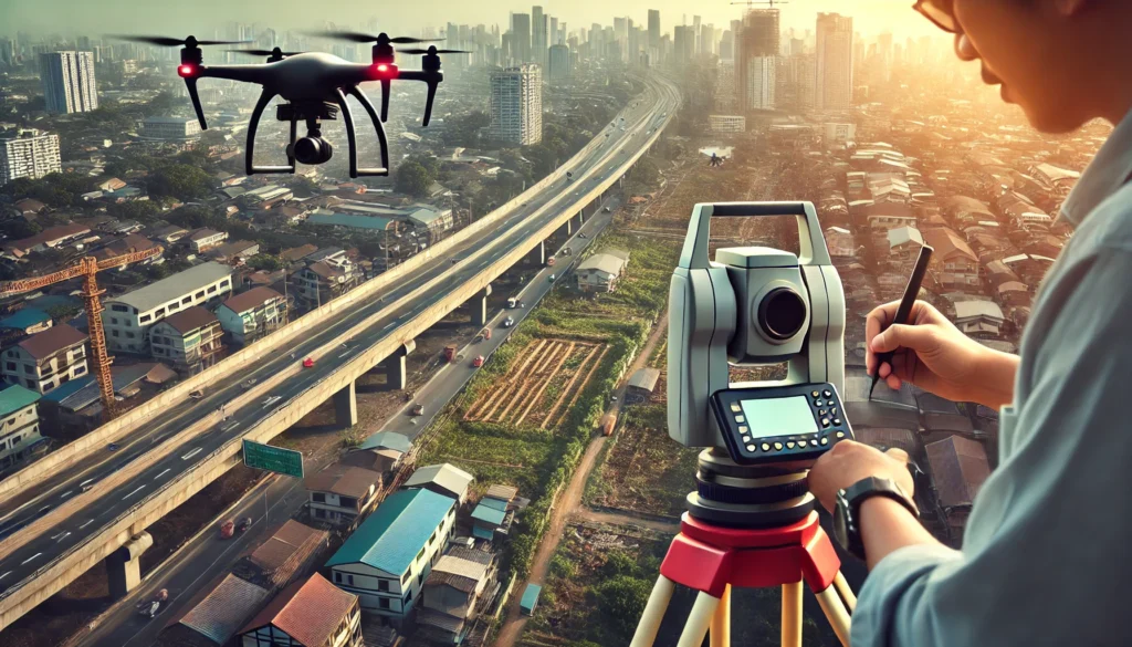 Topógrafo utilizando un receptor GNSS y un dron para capturar datos de un terreno en una zona urbana.
