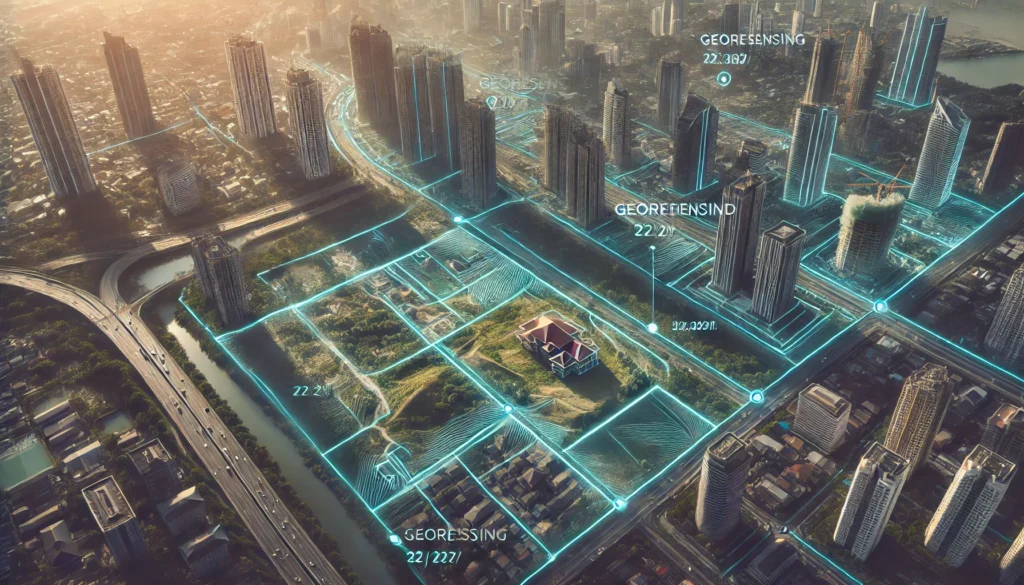 Fotografía aérea de un proyecto inmobiliario con áreas delimitadas por contornos y coordenadas georreferenciadas.