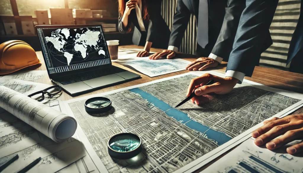 Equipo de trabajo analizando planos georreferenciados en papel y en pantalla con software de diseño CAD.