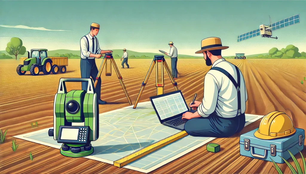 Equipo topográfico realizando mediciones de campo para la elaboración de un plano catastral.