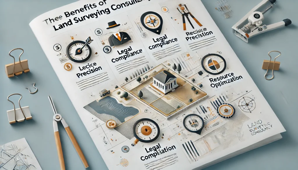 Infografía destacando los beneficios de la consultoría en agrimensura: precisión, legalidad y uso eficiente del terreno.