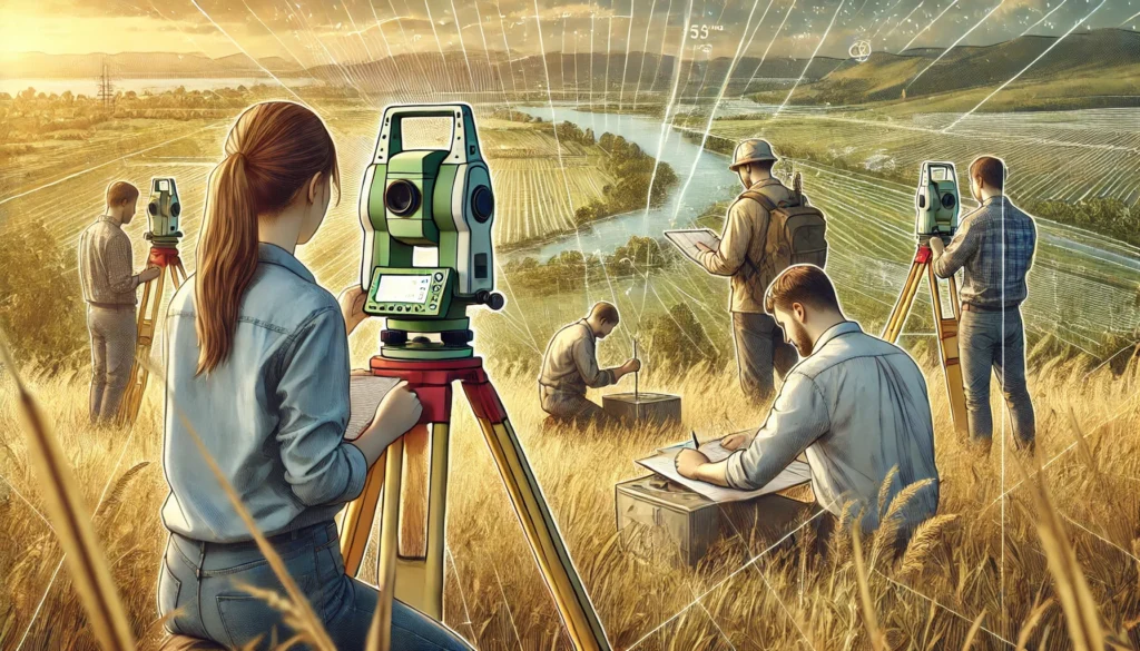 Equipo de agrimensura trabajando en campo con herramientas GNSS y estaciones totales.