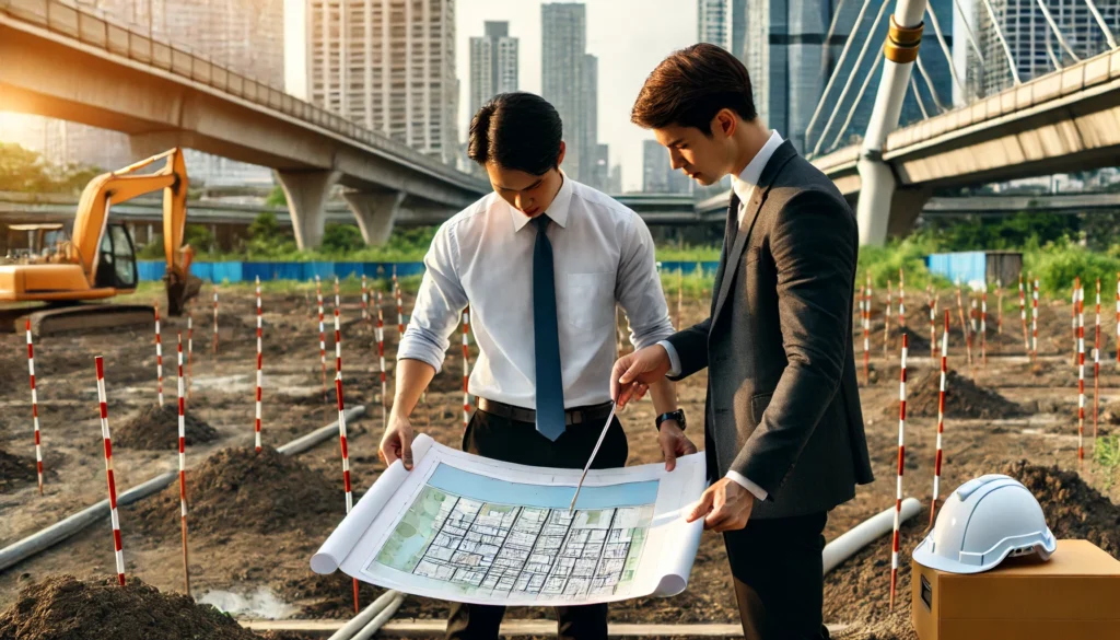 Agrimensor revisando un plano catastral junto a un desarrollador en una zona urbanizable.