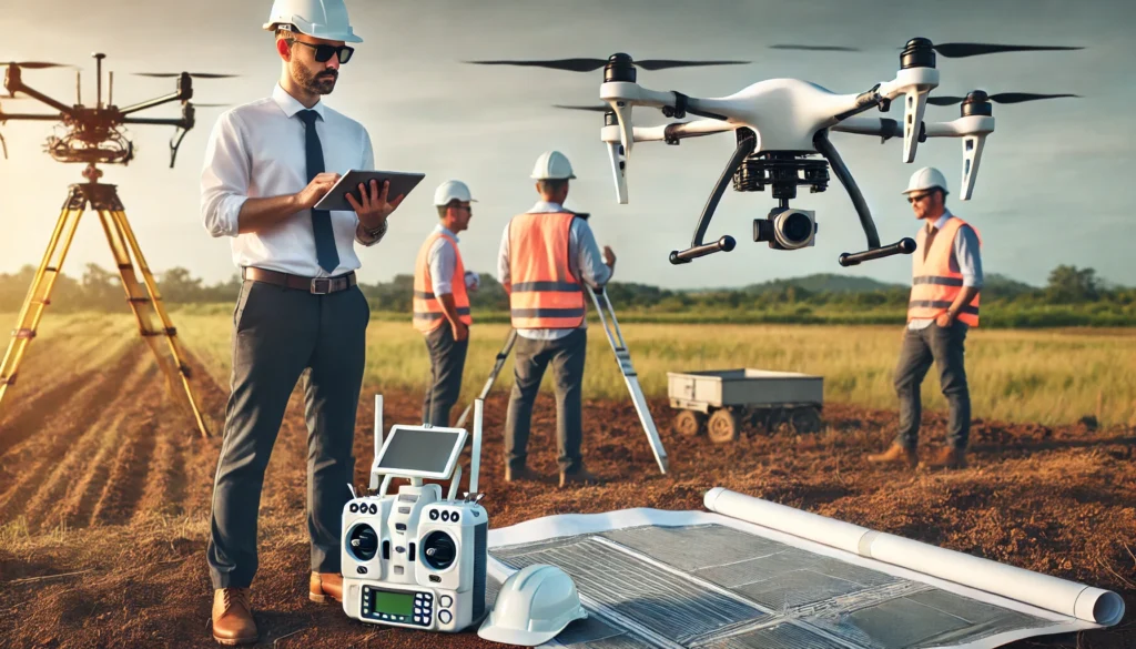 Agrimensores trabajando con drones y GNSS mientras un ingeniero consulta planos en una tablet.