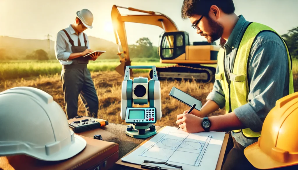 Expertos inspeccionando un terreno con una estación total antes de iniciar un proyecto.