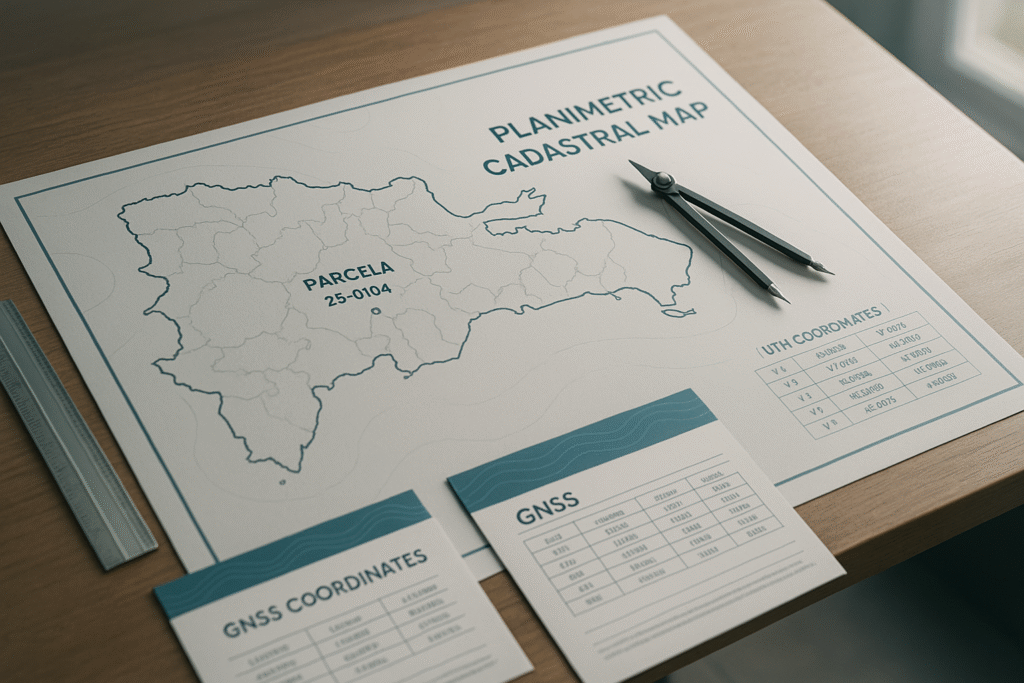 Plano catastral planimétrico con linderos, vértices y tabla de coordenadas UTM 19N