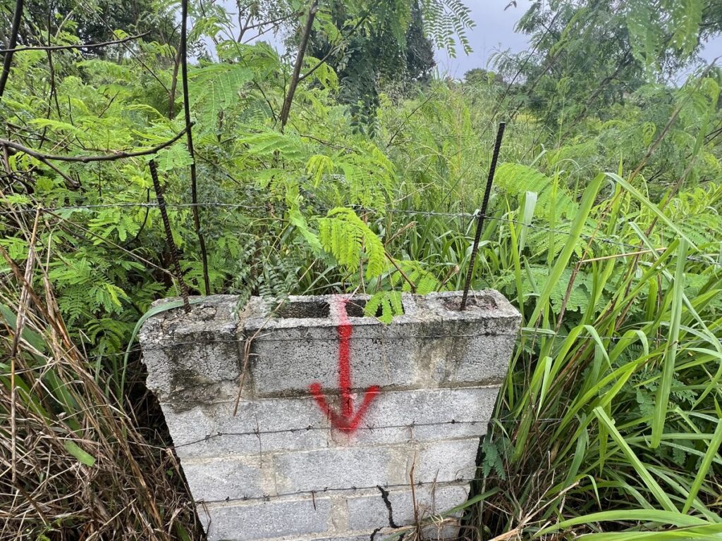 Hito de bloques con una flecha roja junto a una cerca de alambre en un solar con maleza